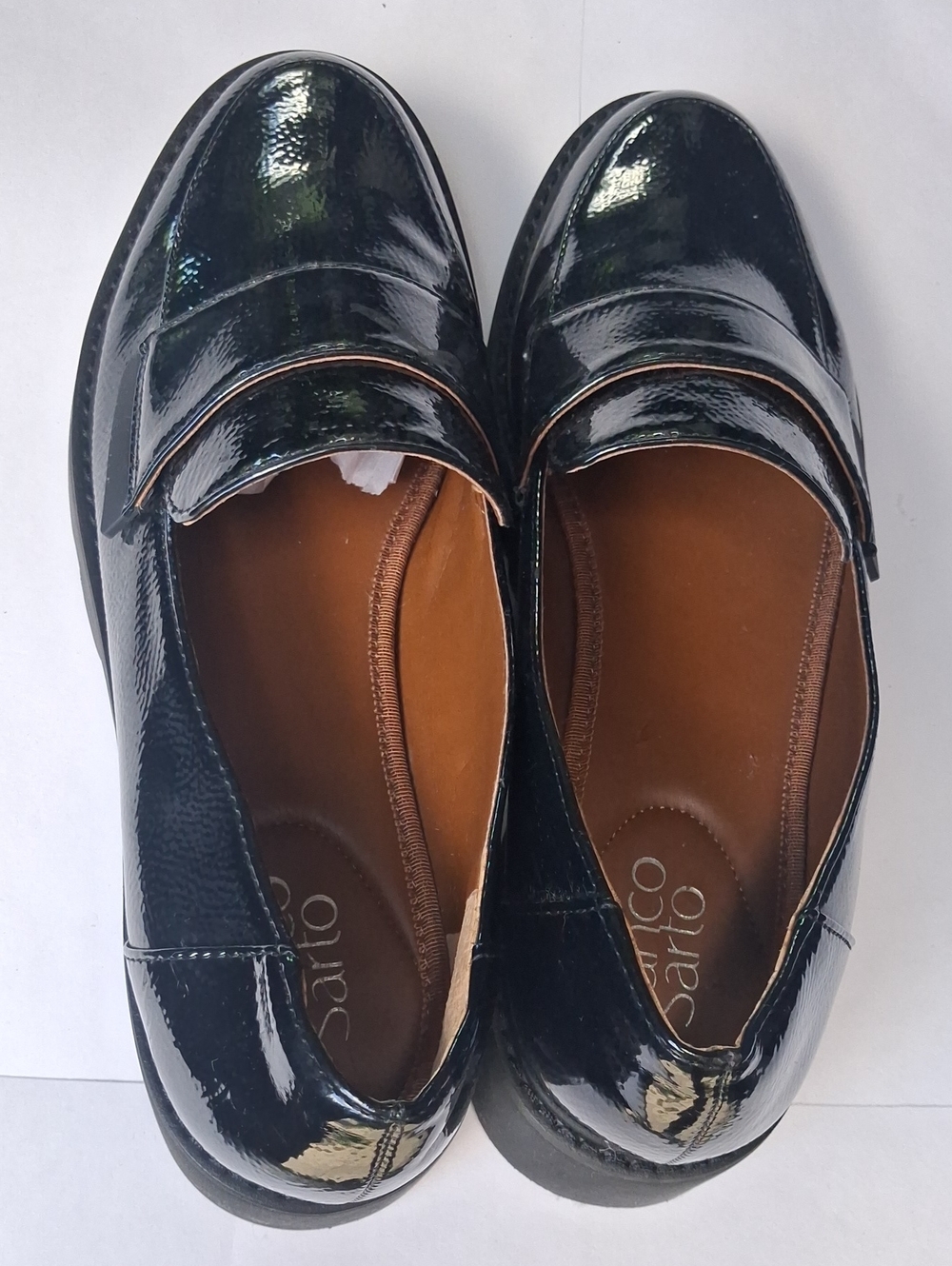 Franco Sarto Glossy Black Patent Loafers with Brown Lining